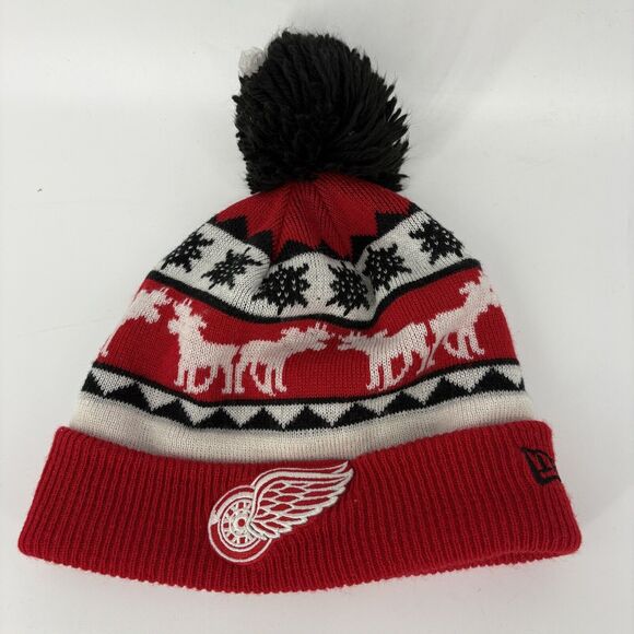 Detroit Red Wings Pom Beanie Hat New Era NHL Cuffed Knit Christmas Moose Hockey - Picture 1 of 2